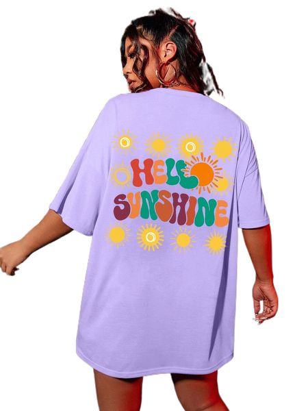 

plus sun & slogan graphic drop shoulder tee t5vf#, Black