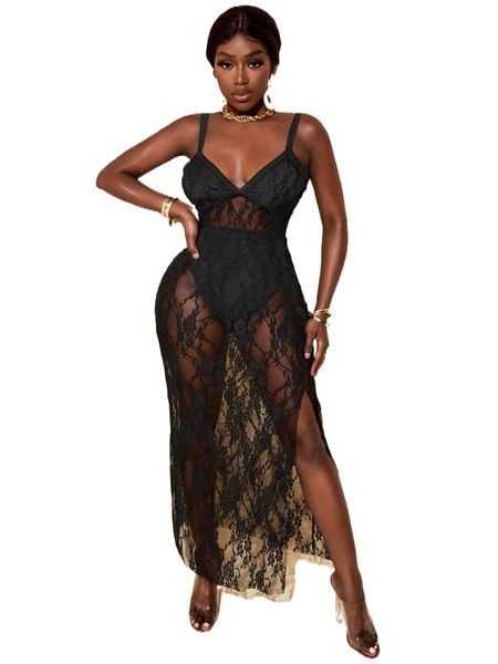 

sxy floral lace split thigh cami dress v6tg#, Black;gray