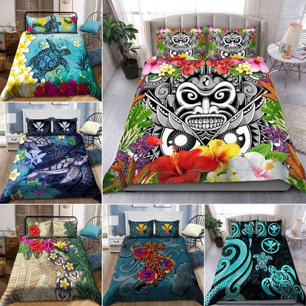 Hibiskus-Blumen-Bettbezug, Stammes-, polynesische Schildkröten-Bettwäsche-Set, Plumeria, hawaiianische Bettdecke, Twin-Full-King-Size-Bett für Kinder und Erwachsene