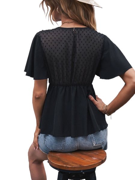 

swiss dot butterfly sleeve peplum blouse r7u7#, White