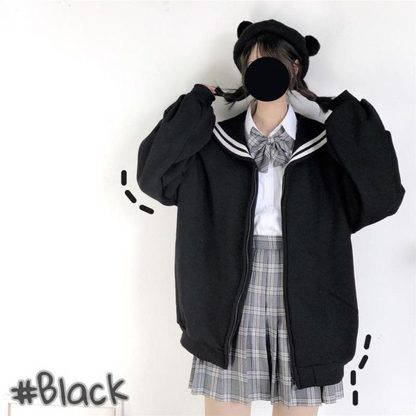 

women's jackets qweek kawaii black zip up hoodie women sailor collar sweatshirt japanese stre 220824, Black;brown