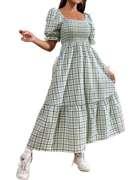 

plaid print puff sleeve shirred ruffle hem dress k4rn#, Black;gray