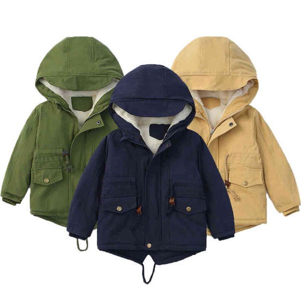 

winter warm plus fleece boys jacket resist severe cold thick hooded outerwear jacket for kids 6 color 2-7 year old clothes j220718, Blue;gray