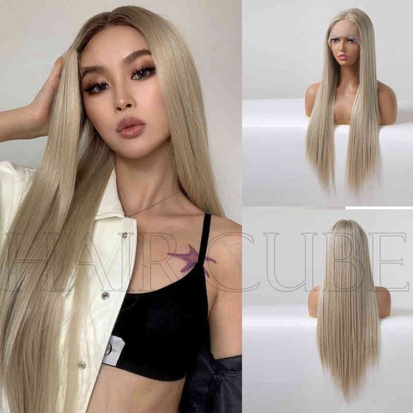 

nxy wigs style front lace lady dyed white gold mid length straight hair natural elegance suitable for everyday wigs220530, Black;brown