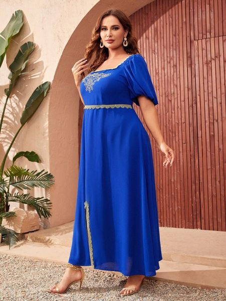 

plus square neck lace trim puff sleeve split hem dress x3n0#, Black