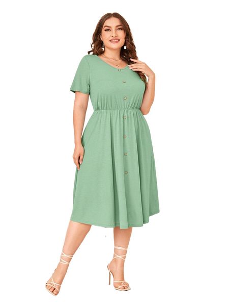 

plus fake button a-line dress j4rn#, Black