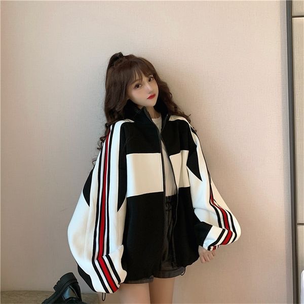 

raglan sleeve sweatshirt with pocket loose plus velvet hoodies poleron mujer zip up hoodie for women contrast color student 220804, Black