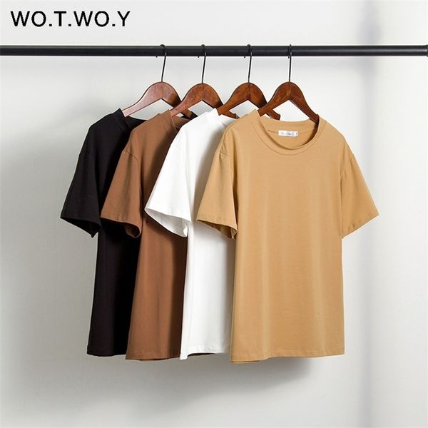 

wotwoy solid casual basic tshirt women summer short sleeve knitted cotton tee shirt women black white korean femme new 210317