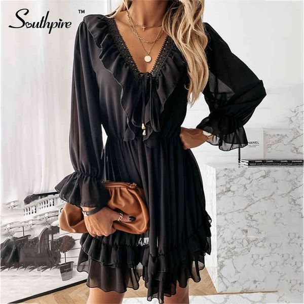 

southpire women s black lace splice v neck ruffle dress elastic waist lace up mini party dress summer ladies day clothing 2021 210325, Black;gray