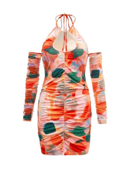 

all over print ruched halter dress b9lm#, Black;gray