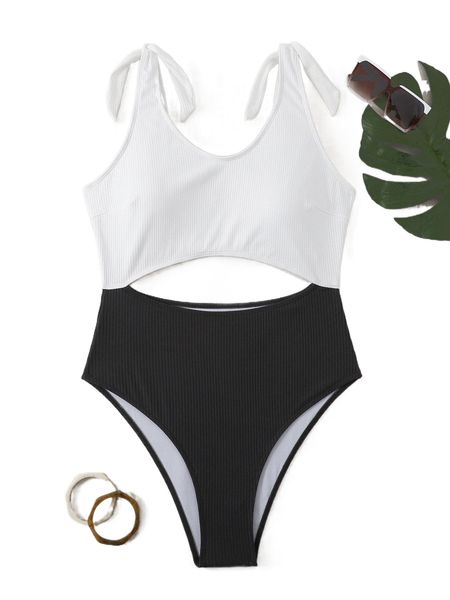 

plus two tone cut out tie shoulder one piece swimsuit s9cg#, White;black