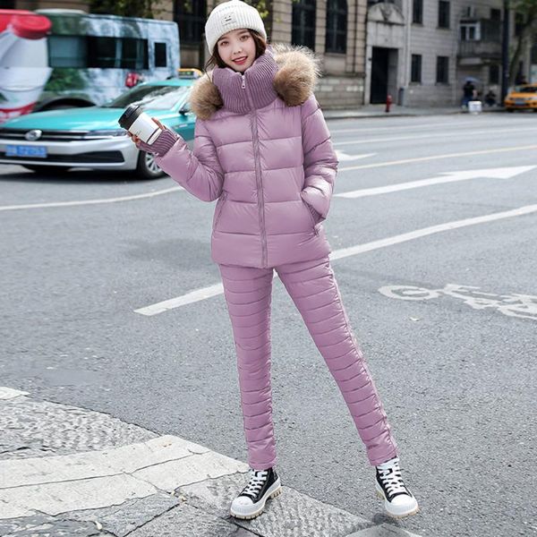 Zweiteilige Damenhose, glänzender Daunen-Baumwollanzug, Damen-Winter-koreanische Kapuzenjacke mit Pelzkragen, schlanke, dicke Hose, zweiteiliges Ski-Set für Damen