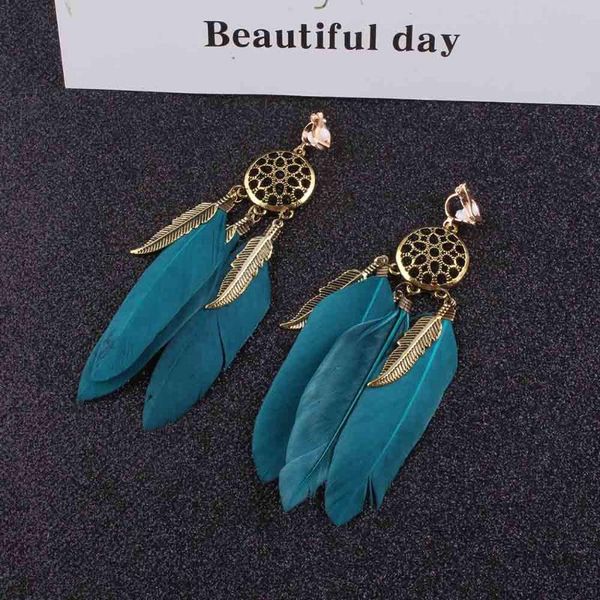 

clip-on & screw back jiovintage bohemia blue feather clip on earrings without piercing for girls party needn't ear hol, Silver