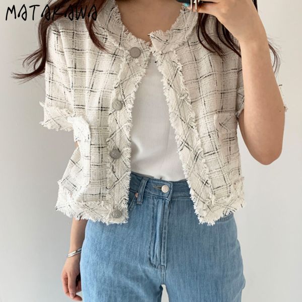 

single breasted women jacket chic short coat vintage round neck loose thin tweed cropped jackets 210506, Black;brown