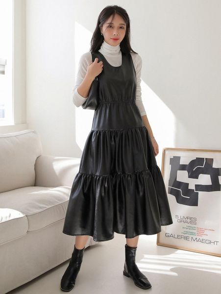 

dazy ruffle hem pu leather dress without w3do#, Black;gray