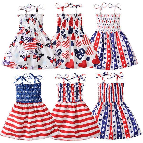 

independence day summer girl day dress toddler kids american flag print party princess dresses children comfortable clothing, Red;yellow