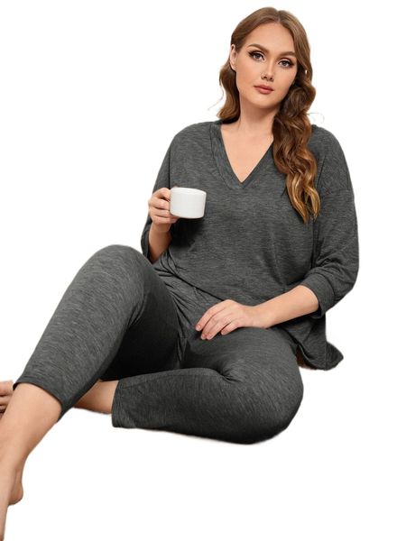 

plus drop shoulder solid tee & pants pj set p9zb#, Black;white