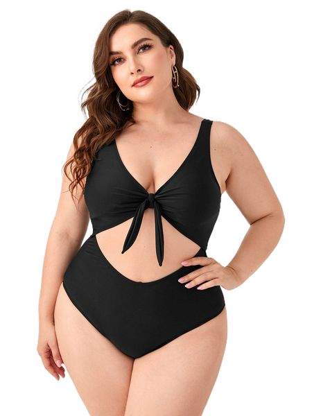 

plus cut out knot front one piece swimsuit 89dd#, White;black