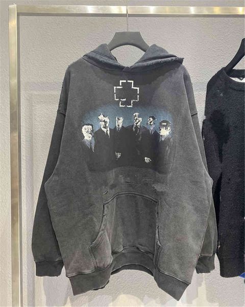 

hip hop designer balciga hoodies high version 21fw autumn and winter new heavy industry washing water used, hand worn german chariot fleece, Black