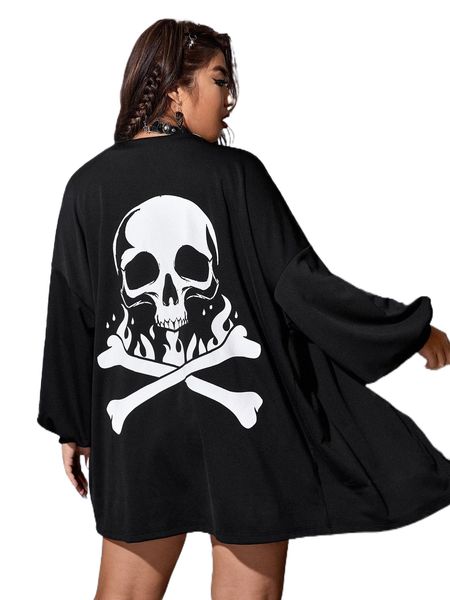 

plus skull print drop shoulder open front coat v7sq#, Black