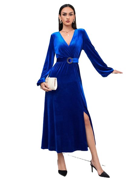 

lantern sleeve split thigh belted velvet dress f7jt#, Black;gray