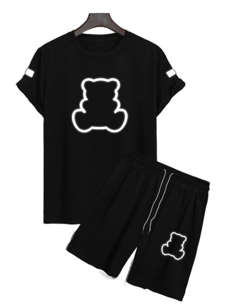 

men reflective bear print tee & drawstring waist shorts 187j#, Gray