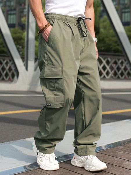 

men flap pocket side drawstring waist cargo pants d3rf#, Black