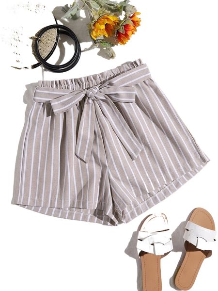 

paperbag waist striped shorts j35f#, White;black