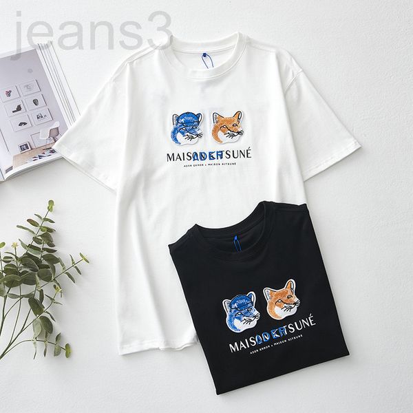 

women's t-shirt designer chao brand co branded heavy industry embroidery double head short sleeve loose casual pullover couple ader t-s, White