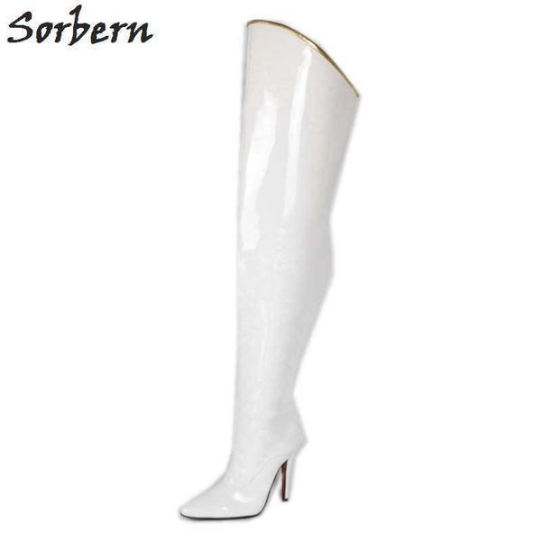 Sorbern White Shiny Women Boots Tacchi alti Stivali sopra il ginocchio con bordo dorato Hard Shalf Vendita Colori personalizzati