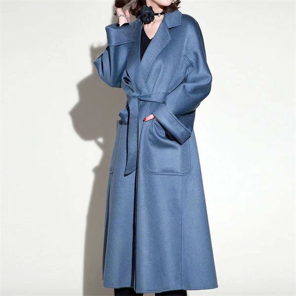 

10 colors designer coat luxury brand max water ripple double sided cashmere jacket classic lace-up coats loose autumn winter, Black