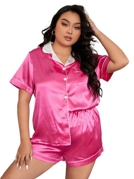 

plus contrast piping patched pocket satin pj set t24s#, Black;white
