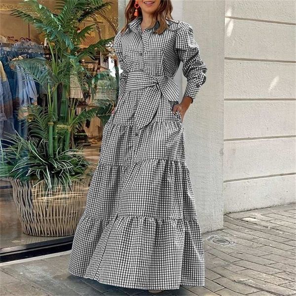 

shirt dress women long sleeve party dresses vonda casual lapel button vintage belted pockets sundress plaid printed robes 220409, Black;gray