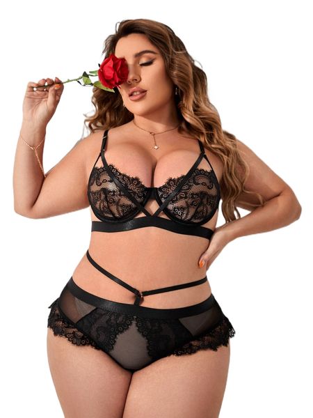 

plus eyelash lace cut out underwire lingerie set without liner w4bt#, Black;white