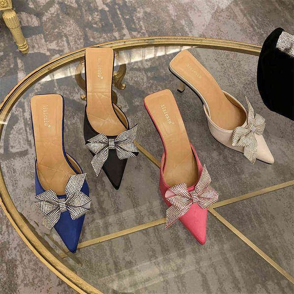 

muller sandals women slippers baotou half slippers women's 2022 new net red fashion rhinestone bowknot beach flip flops 220624, Black