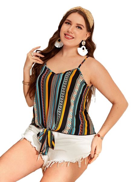 

plus geo & striped print knot hem cami 73lr#, Black