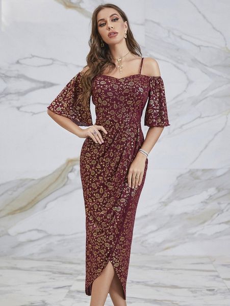 

allover floral cold shoulder dress d34k#, Black;gray