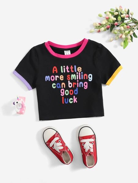 

toddler girls slogan graphic contrast binding tee she, Blue