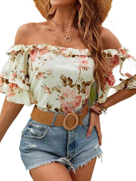 

floral print ruffle trim blouse 26zc#, White