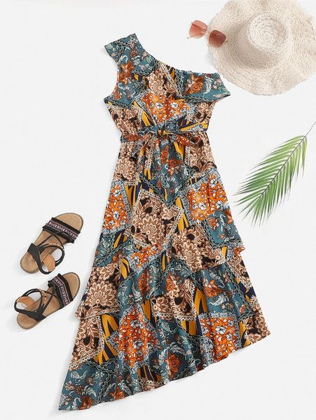 

one shoulder floral scarf print belted dress w3of#, Black;gray