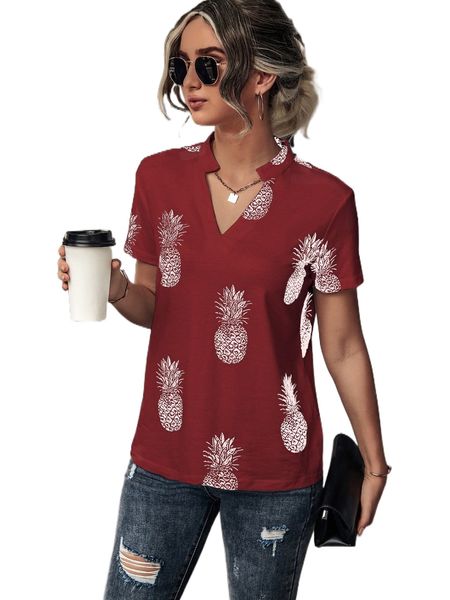 

pineapple print notched neck tee y7va#, White