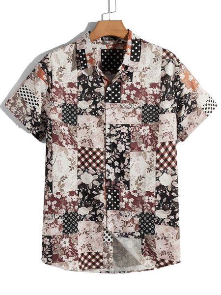 

romwe guys floral patchwork print shirt 21cu#, White;black