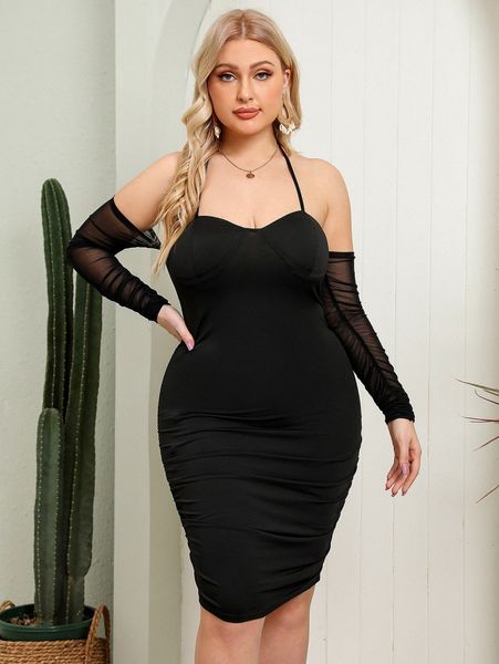 

plus tie back off shoulder contrast mesh ruched bodycon dress x136#, Black