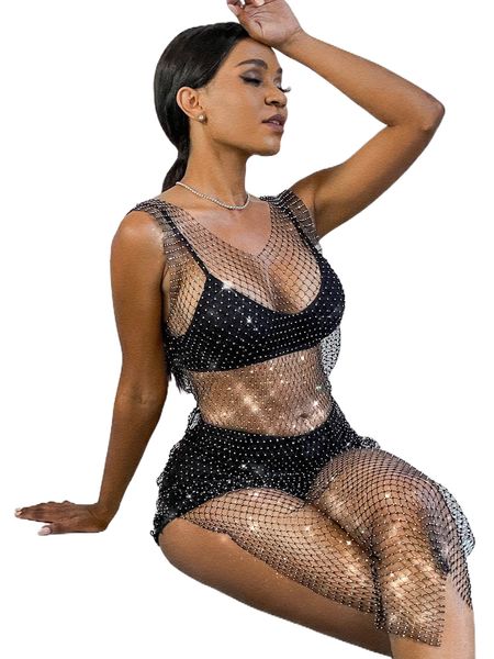 

sxy rhinestone detail split thigh sheer fishnet mesh dress without underwear r4gf#, Black;gray