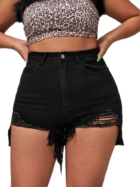 

plus ripped raw hem denim shorts 36ut#, White;black