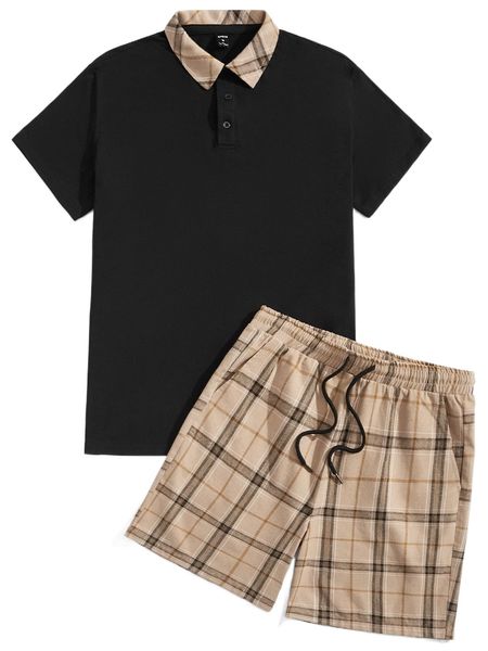 

men contrast plaid collar polo shirt & drawstring waist shorts z8ww#, Gray