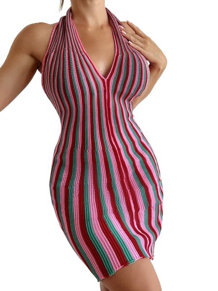 

block striped pattern backless cover up dress 461e#, White;black