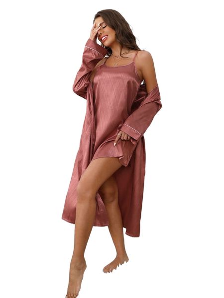 

satin slip nightdress with belted robe 74r2#, Black;red