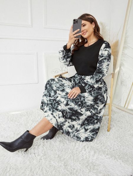 

plus tie dye bishop sleeve a-line dress n4jl#, Black