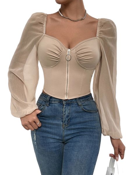 

lantern sleeve zip up bustier o6w7#, White